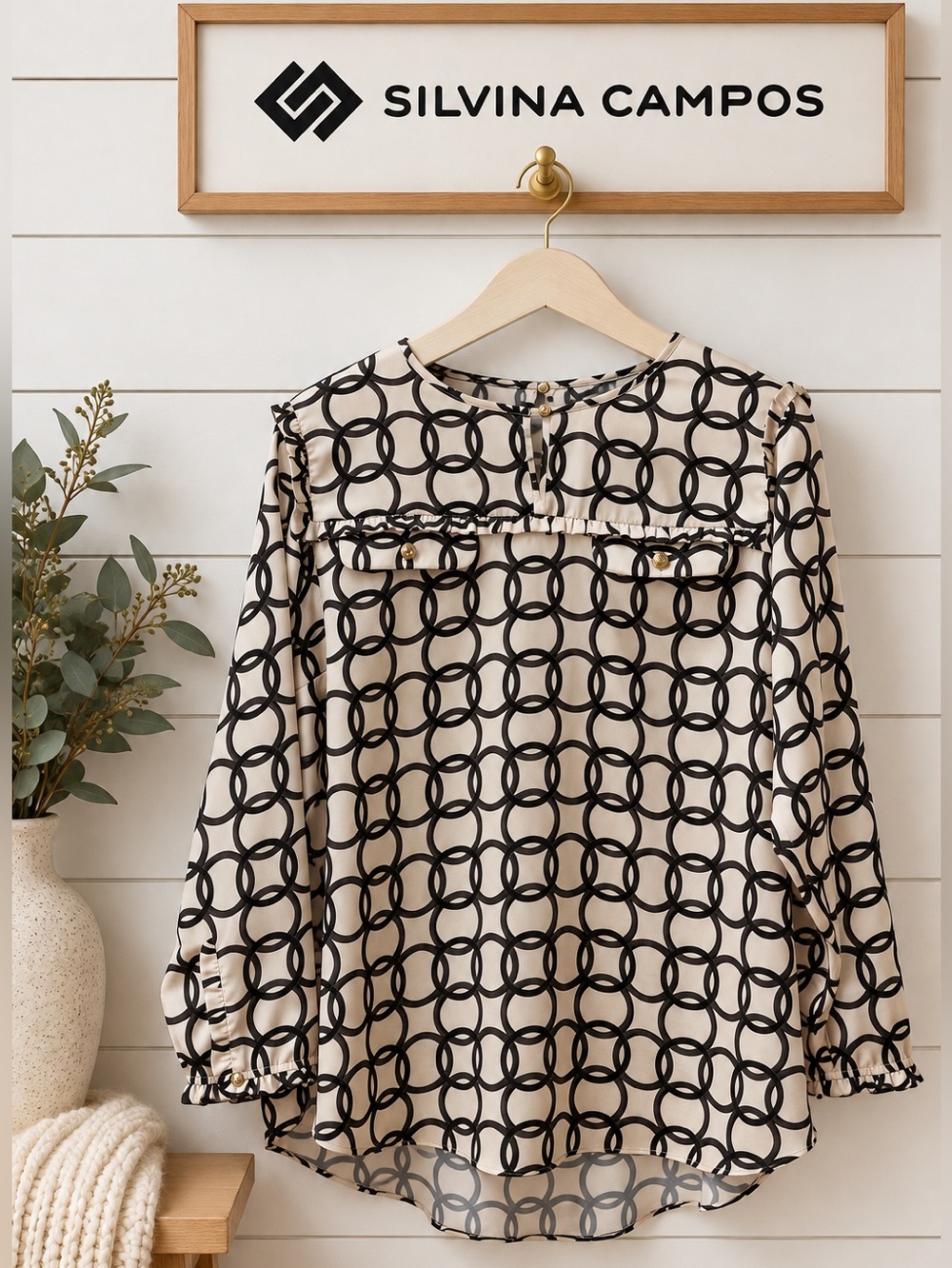 Silvina Campos Beige  pearly & Black Geometric Print Blouse – XXL